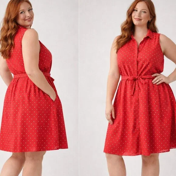 ❤️ Larry Levine Polka Dot Dress | Red Fit & Flare | Belted Waist | Classic Style - Picture 3 of 5
